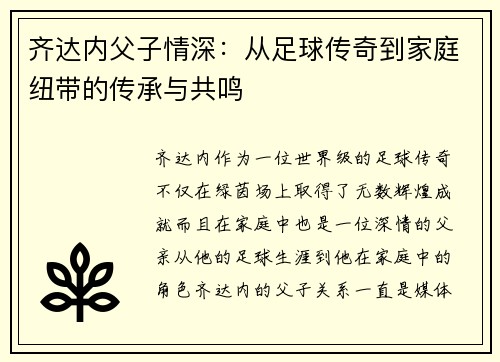 齐达内父子情深：从足球传奇到家庭纽带的传承与共鸣