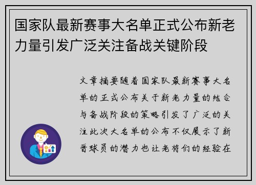 国家队最新赛事大名单正式公布新老力量引发广泛关注备战关键阶段