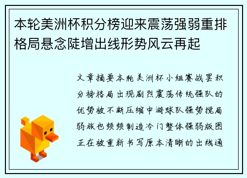 本轮美洲杯积分榜迎来震荡强弱重排格局悬念陡增出线形势风云再起